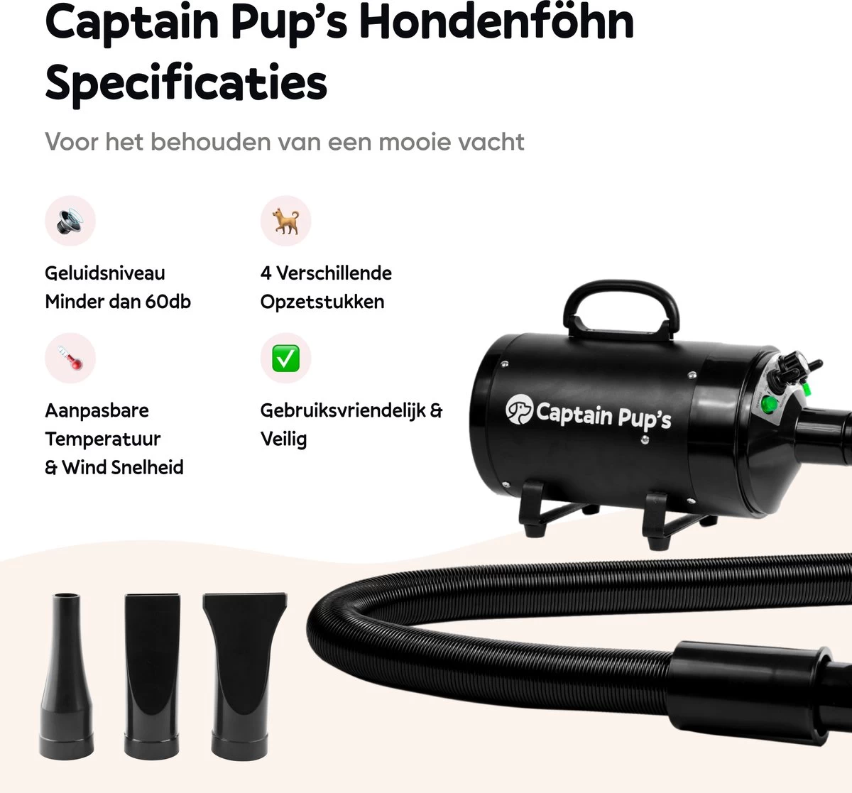 Captain Pup's Professionele Hondenföhn Met 4 Opzetstukken - Bijgeleverde Hondenborstel - Waterblazer Voor Honden - Zwart 5 Captain Pup's Professionele Hondenföhn Met 4 Opzetstukken - Bijgeleverde Hondenborstel - Waterblazer Voor Honden - Zwart - Afbeelding 3