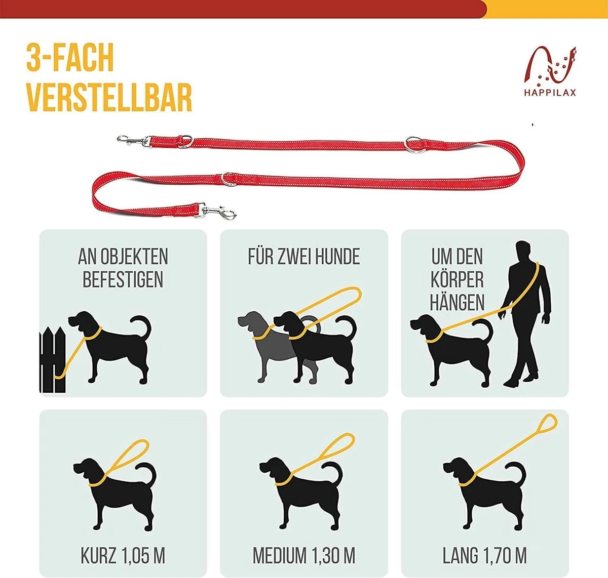 Happilax Dog Leash 2m Adjustable - Red / Reflective - 3-Step Adjustable Leash - Double Leash, Tug Leash - Geschikt Als Hondenriem Voor Grote Honden Of Als Sleepriem Voor Kleine Honden. 5 Happilax Dog Leash 2m Adjustable - Red / Reflective - 3-Step Adjustable Leash - Double Leash, Tug Leash - Geschikt Als Hondenriem Voor Grote Honden Of Als Sleepriem Voor Kleine Honden. - Afbeelding 3