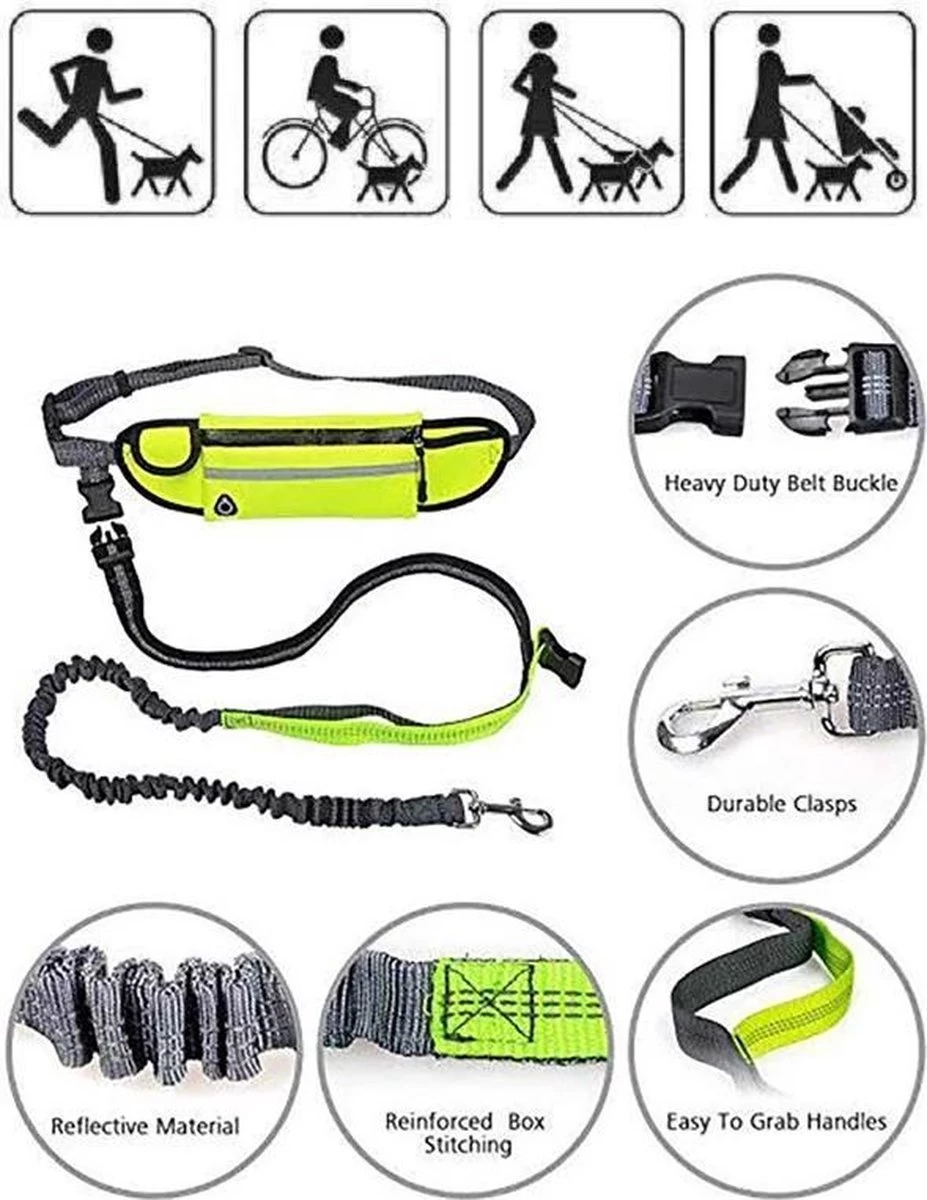 Hondenriem Hardloopriem Elastische Reflecterende Geschikt Voor Hardlopen - Handsfree Riem Met Opbergtasje – Hond Looplijn - Schokabsorberend - Groen 4 Hondenriem Hardloopriem Elastische Reflecterende Geschikt Voor Hardlopen - Handsfree Riem Met Opbergtasje – Hond Looplijn - Schokabsorberend - Groen - Afbeelding 2